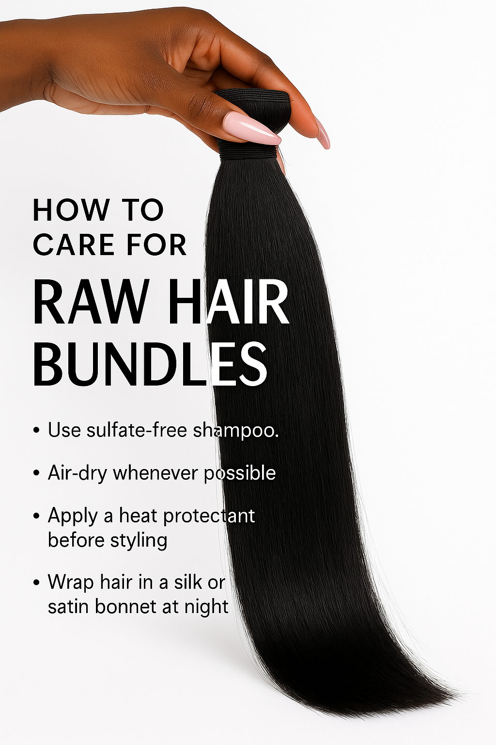 Guide on how to care for raw hair bundles with care tips presented visually.