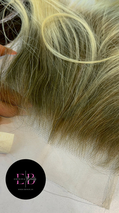 Close-up of Empeiria Beauty Hair Vietnamese Human Hair custom HD frontal wig with blonde ombre color