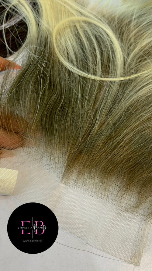 Close-up of Empeiria Beauty Hair Vietnamese Human Hair custom HD frontal wig with blonde ombre color